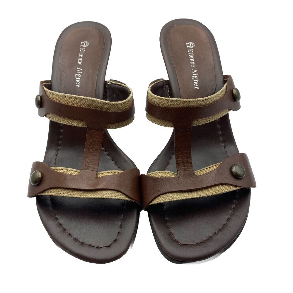 Etienne Aigner Womens US Size 7 M Block Heel Mule Brown Leather Sandal Open Toe - Picture 2 of 11